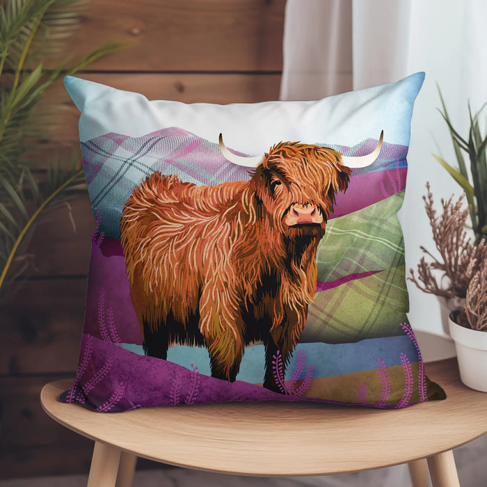 Tartan Highland Cow Suede Cushion