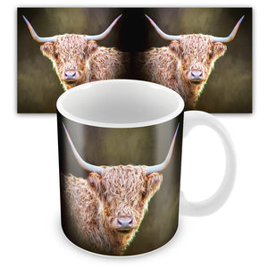 A Wraptious Twilight Ceramic Mug with a detailed Highland cow illustration, shown from multiple angles. The highland cow’s fur and horns are artistically rendered, creating a rustic and stylish design.