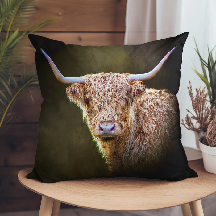 Twilight Highland Cow Suede Cushion