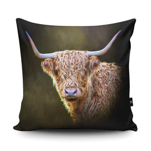 Close-up of the Twilight Highland Cow Cushion, showing its soft faux suede material and high-quality printed design.