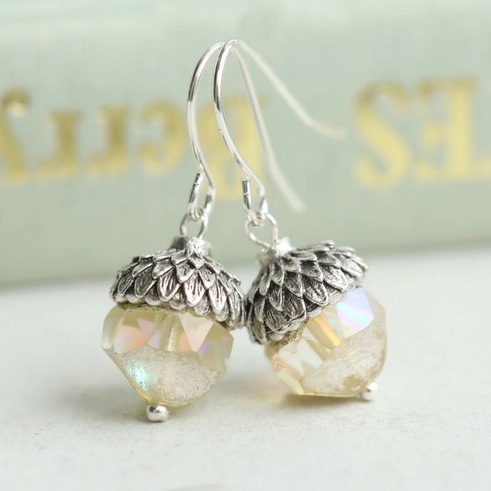 Yellow Opal Acorn Earrings - Silver Plated Brass