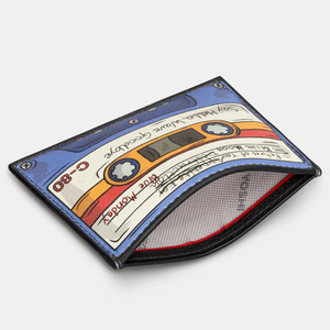 Side-angle view of the Yoshi Back to the 80s Cassette Tape Leather Card Holder, showcasing its slim profile, spacious top slip pocket, and intricate cassette tape design.