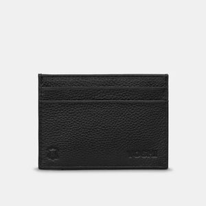 Back View: A minimalist black leather cardholder with a smooth finish, embossed Yoshi logo, and two credit card slots for convenient storage.