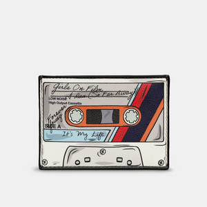 Front view of the Yoshi Back to the 80s Cassette Tape C Leather Card Holder, featuring a detailed vintage cassette tape design in white and black.