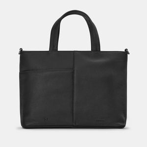 Back view of the Yoshi Be Kind Rewind Black Leather Multiway Grab Bag, featuring smooth black leather with a subtle embossed logo.