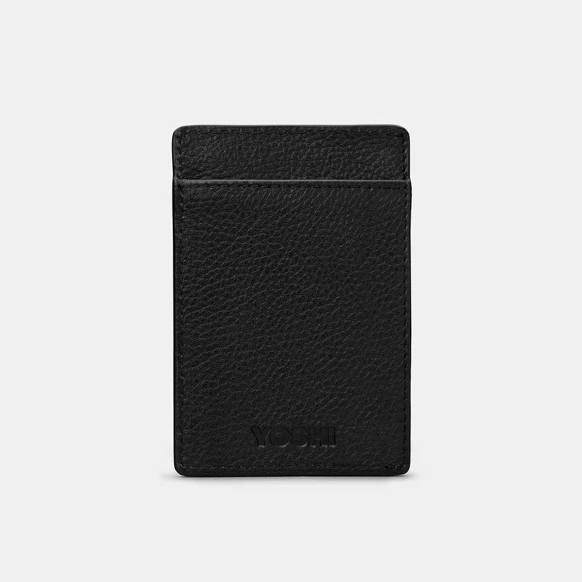 Back View: The sleek black leather back of the Yoshi Be Kind Rewind card holder with embossed branding.