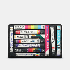 Yoshi Be Kind Rewind Leather Purse featuring a colourful VHS tape design on a black leather background.