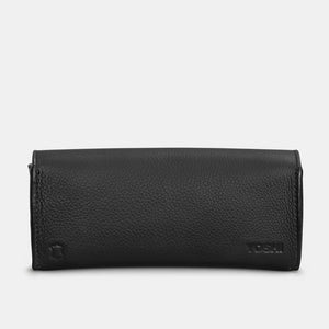 Back view of the glasses case, showcasing its sleek black leather design with the embossed Yoshi logo.