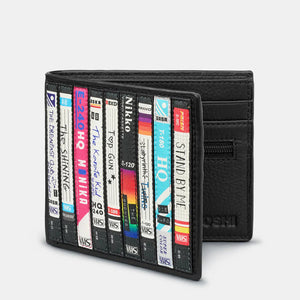 Front View: A black leather wallet with a vibrant appliqué design of stacked VHS tapes, featuring classic movie titles.