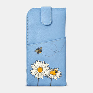 Front view of soft blue leather glasses case with daisy and bumblebee appliqué design and stitched flying bee detail