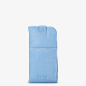 Back of Bee Happy blue leather glasses case showing plain soft grain leather with outer slip pocket and embossed logo.