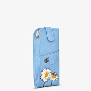 Side view of blue leather glasses case with floral and bee design, showing structured shape and side pen loop