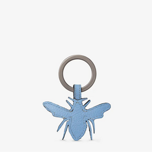  Back of blue leather keyring with smooth finish and embossed logo