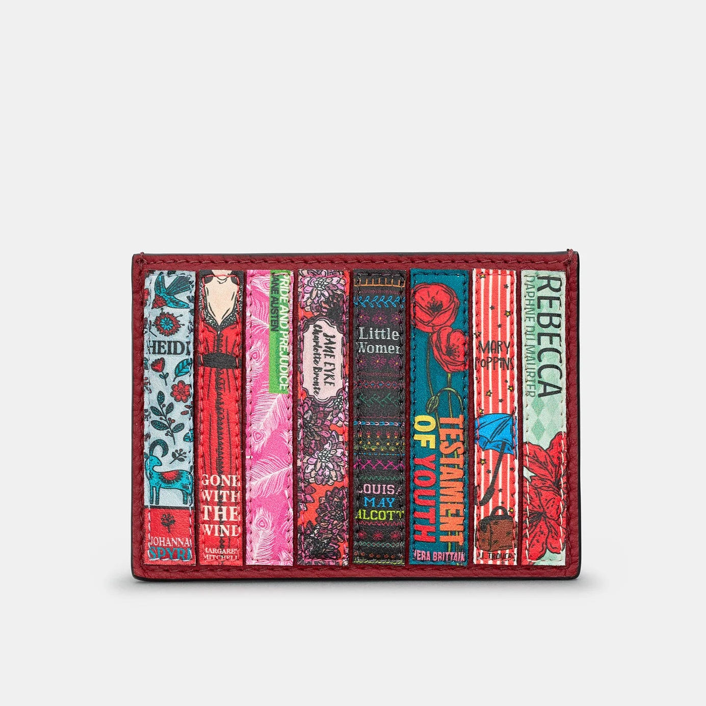 Front View: Cherry red leather card holder with colourful book spine appliqué design featuring classic novels.