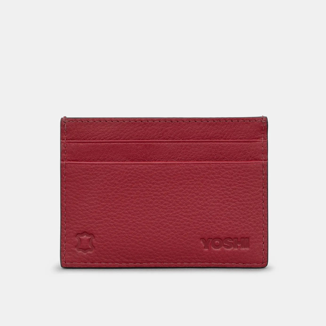 Back View: Smooth cherry red leather with two card slots and embossed Yoshi branding.
