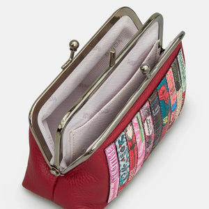 Cherry red leather frame purse with metal clasp open to reveal two inner compartments and a fabric lining.