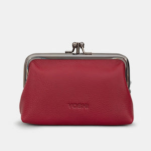 Back of cherry red leather purse with soft grain texture and embossed Yoshi logo beneath the silver-tone frame.