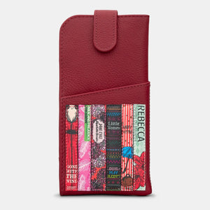 Front view of cherry red leather glasses case featuring colourful book spine appliqués of classic female-authored novels and secure tab fastening.