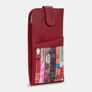 Angled side view of cherry red leather Chilton glasses case showing slim profile, tab closure, and detailed embroidered book designs.