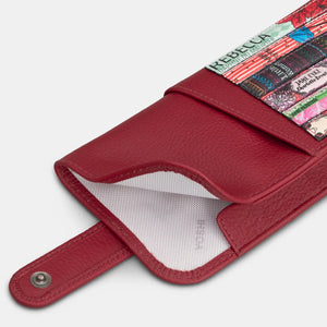 Open cherry red glasses case with white fabric-lined interior, showcasing tab closure and ample space for glasses or sunglasses.
