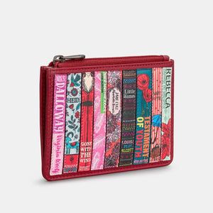 Slim cherry red leather zip purse with stitched book appliqué detail and RFID protection, viewed from the side to show depth and design.