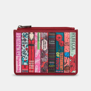 Cherry red leather purse with colourful book spine appliqué design featuring classic titles by female authors, including Mrs Dalloway and Little Women.