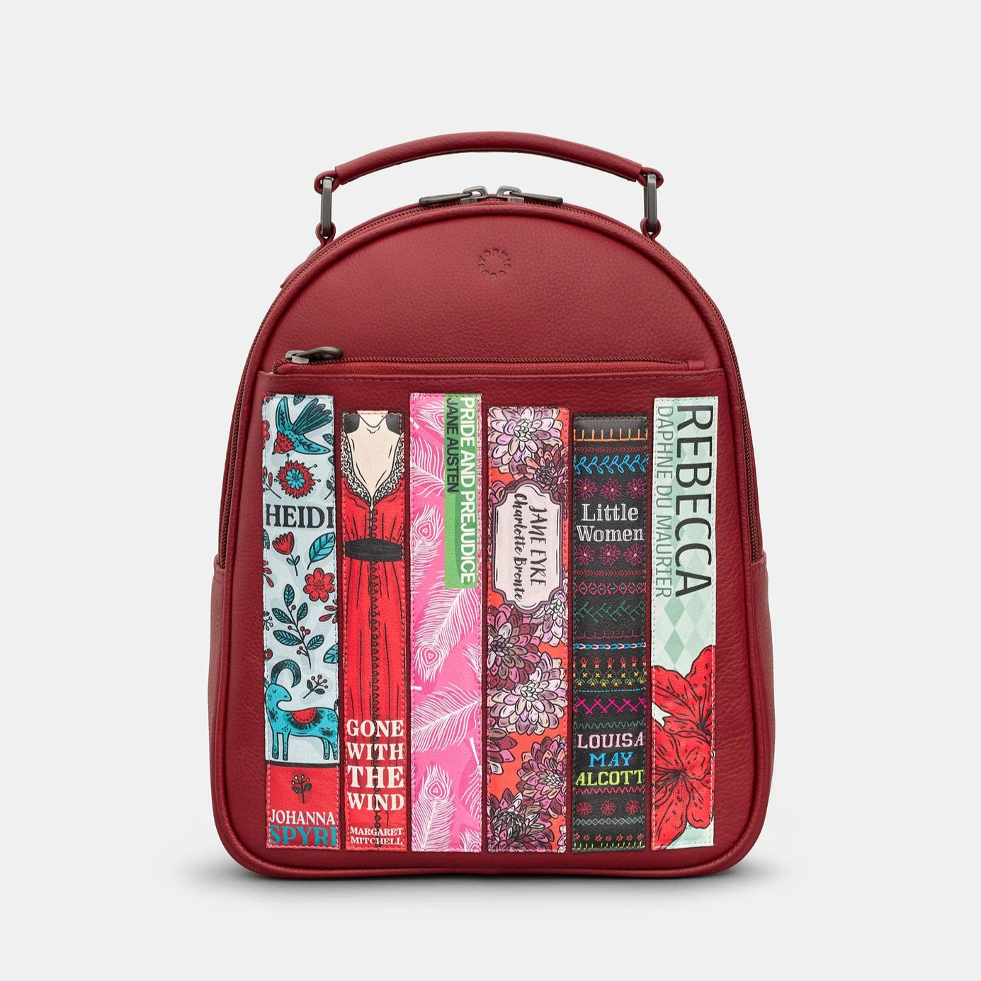 Cherry Red Bookworm Leather Backpack with colourful book spine appliqués by female authors.