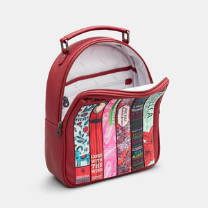 Inside of Bookworm Leather Backpack with zip-around opening and spacious interior with slip and zip pockets.