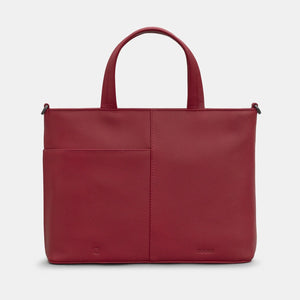 Plain cherry red leather back of Yoshi Bookworm Grab Bag with outer slip pocket and structured handles.