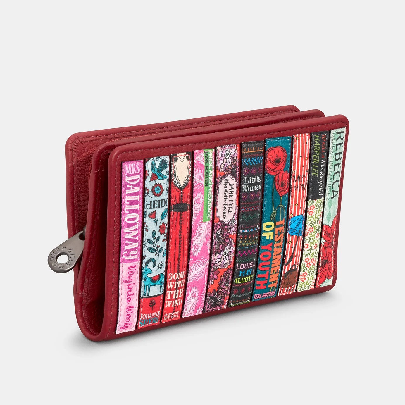 Cherry red leather bookworm purse with detailed female author book appliqués and zip coin pocket shown from a side angle.