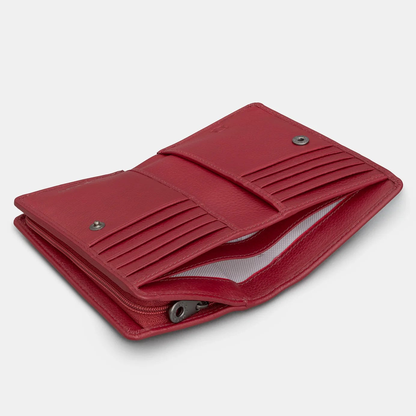 Inside view of cherry red leather book purse showing 10 card slots, note sections, and press stud closure in pebbled leather finish.