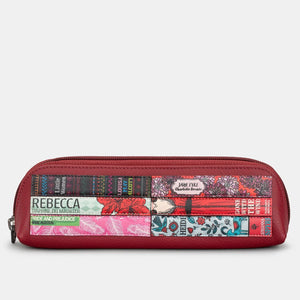 Front view of cherry red leather pencil case with colourful book spine appliqué featuring literary classics by female authors.