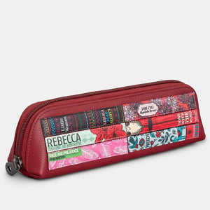 Angled side view of red leather bookworm pencil case showing zip top and appliqué design.