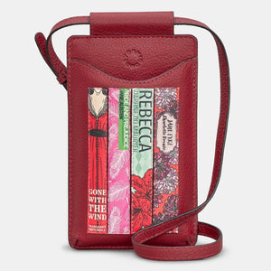 Front view of cherry red leather phone case with colourful book spine appliqué featuring titles by female authors including Pride and Prejudice and Rebecca.
