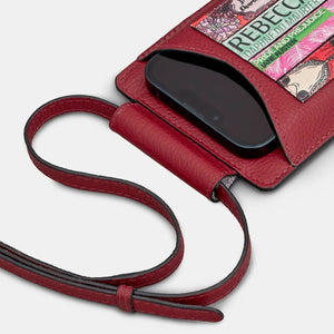Book-themed leather phone case in cherry red shown flat with smartphone inside and strap displayed.