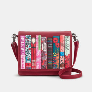Front view of cherry red leather crossbody bag with book appliqué design featuring classic female authors.