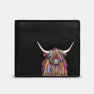 A black leather men’s wallet featuring a vibrant multicolour Highland cow applique, adding a bold and artistic touch to the sleek design.