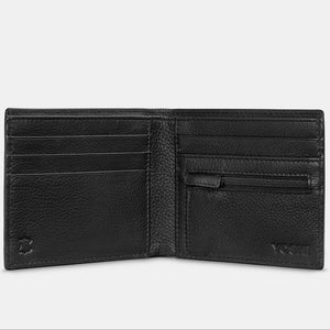 Open black leather wallet showing five card slots, a zip coin pocket, two slip pockets, and a spacious note section, embossed with the Yoshi logo.