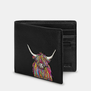 Angled View: A side-angle shot highlighting the slim and compact design of the wallet, with the detailed Highland cow applique on the front.