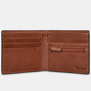 Interior View: An open brown leather wallet showcasing five credit card slots, a zip coin pocket, two slip pockets, and a spacious note section with RFID protection.