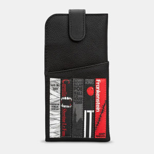 Front view of the Horror Bookworm Black Leather Chilton Glasses Case with horror book spine appliques on a white background.