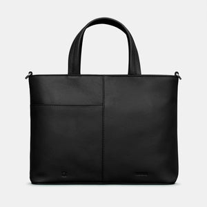 Back view of Horror Bookworm Black Leather Grab Bag with plain black leather finish and outer slip pocket.