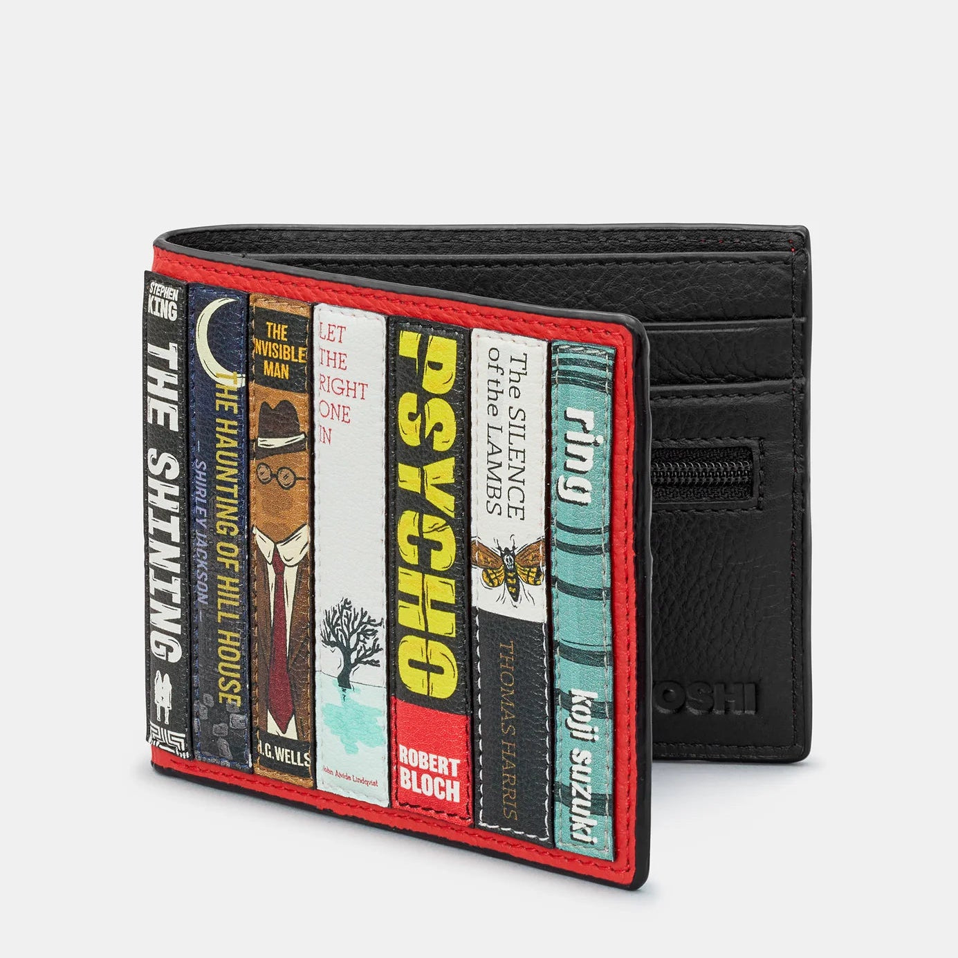 Open Yoshi Horror Bookworm Wallet interior in black leather featuring five card slots, a zip coin pocket, and note compartment with RFID protection.