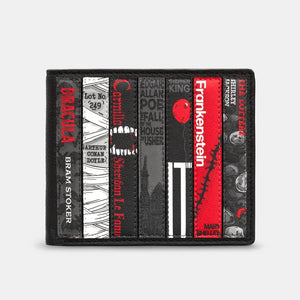 Front view of Yoshi Horror Bookworm Wallet featuring classic horror book spines in black, red, and white leather applique.
