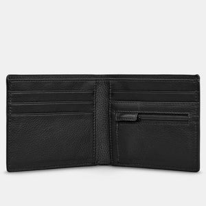 Inside view of Yoshi black leather wallet with five card slots, zip coin pocket, and RFID protection.