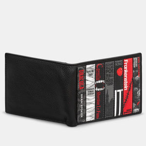Angled view of Yoshi Horror Bookworm Wallet opened slightly to display spine design and red leather exterior.