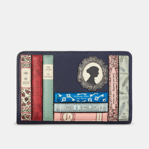 Front View of the Jane Austen Bookworm Leather Purse – A navy leather purse featuring a bookshelf appliqué with Jane Austen’s novels and an elegant silhouette frame.