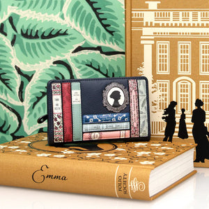 Styled Jane Austen Purse with Books – The purse displayed with Austen’s Emma, surrounded by vintage-style book décor.