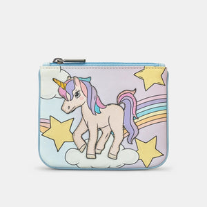 Front view: Magical Unicorn leather purse in pastel blue with rainbow, stars and appliqué design.