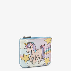 Angled front view: Side angle of Magical Unicorn purse showing appliqué detail and stitching.